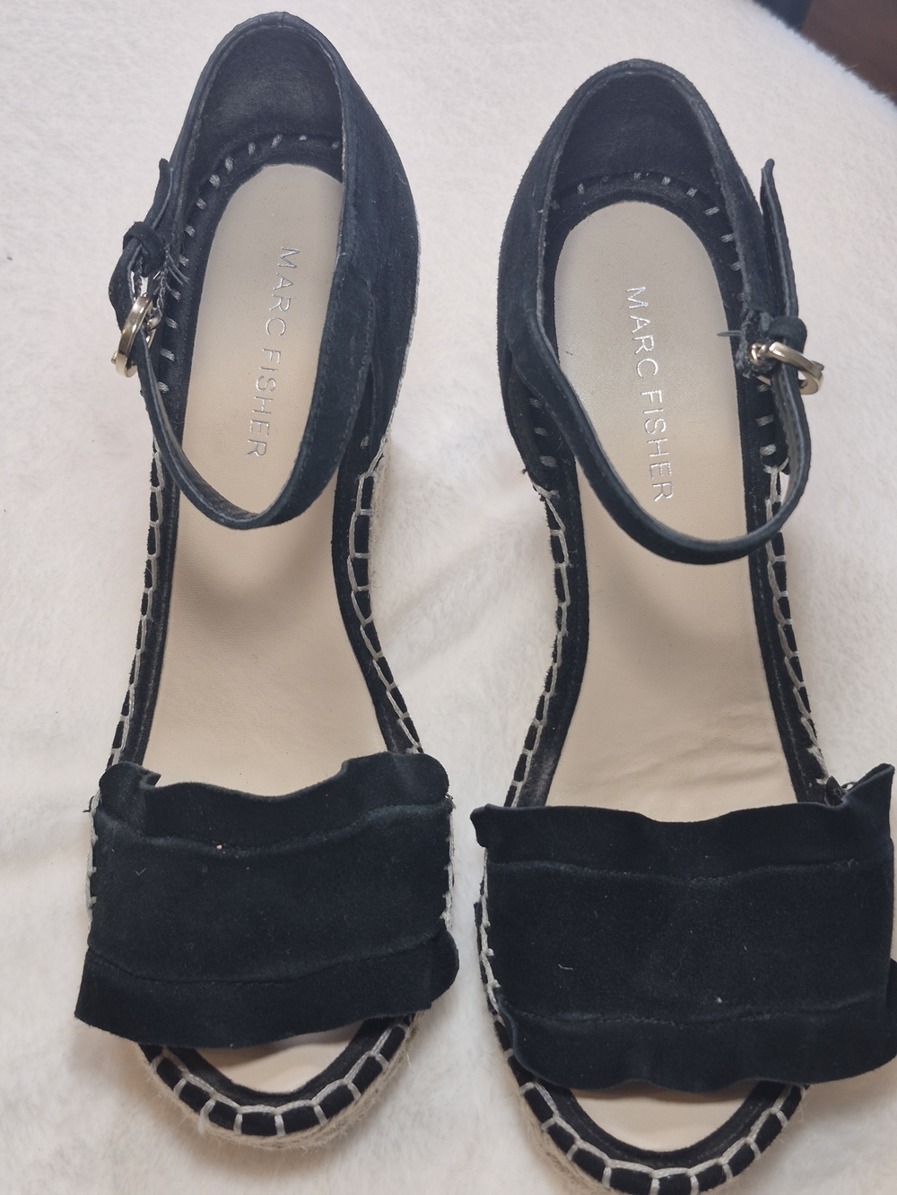 Marc Fisher Black Suede Ruffled T-Strap Sandals